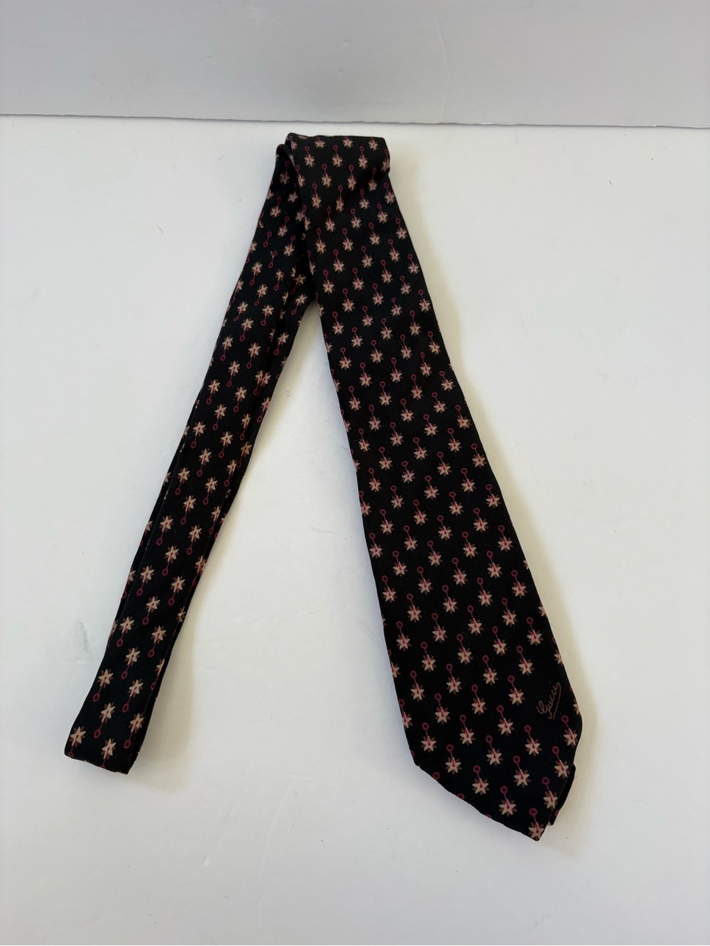 Vintage‎ Gucci Silk Necktie 1970s Made In Italy Equestrian Horsebit Spurs Black